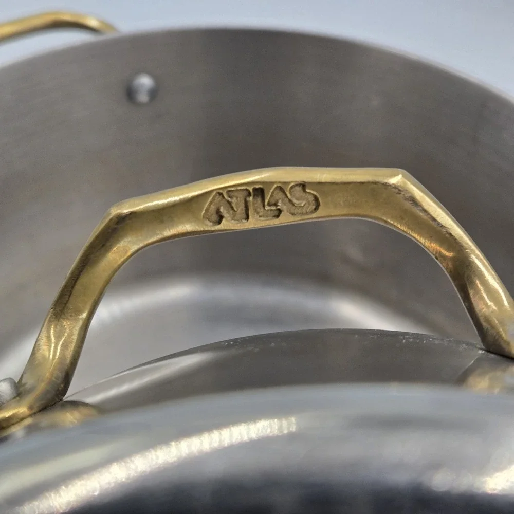 Set of 2 Vtg Atlas Metal Spinning Stainless Steel Stock Pots Brass Handle No Lid